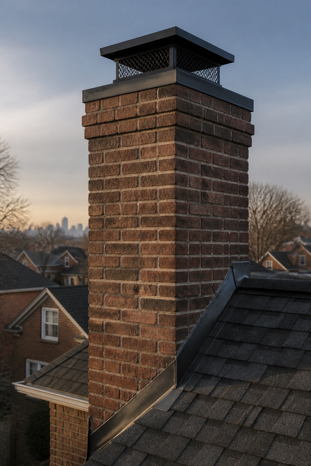 A brick residential chimney with a metal cap and roof flashing